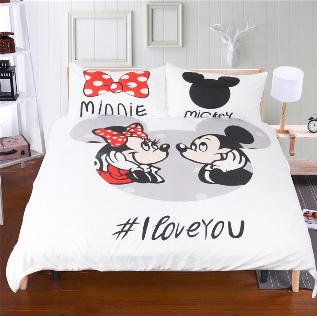 Microfiber Reversible Printing Minnie&Mickey Couples Duvet Cover 3PCS Bedding Set with Zipper Closure - Ultra Soft Lightweight and Easy Care, King