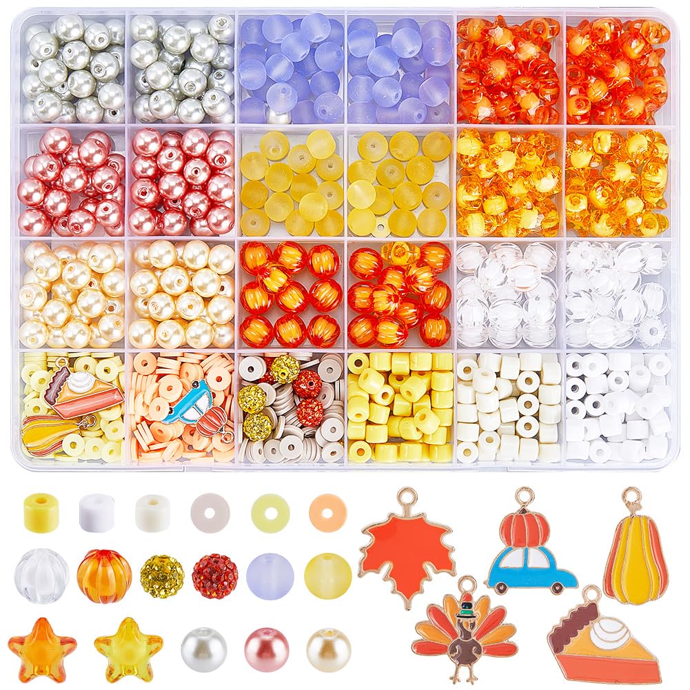 SOFPLATE 1 Box 530Pcs 8~9mm Thanksgiving Day Beads Holiday Glass Beads & 10Pcs Alloy Enamel Charms & 15g Clay Bead Fall Beads and Charms Findings Kits for jewellery Making Supplies DIY Bracelet Neckla