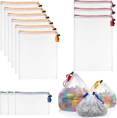 Reofrey 12 Pcs Mesh Storage Bags Set 3 Sizes See Through Drawstring Reusable