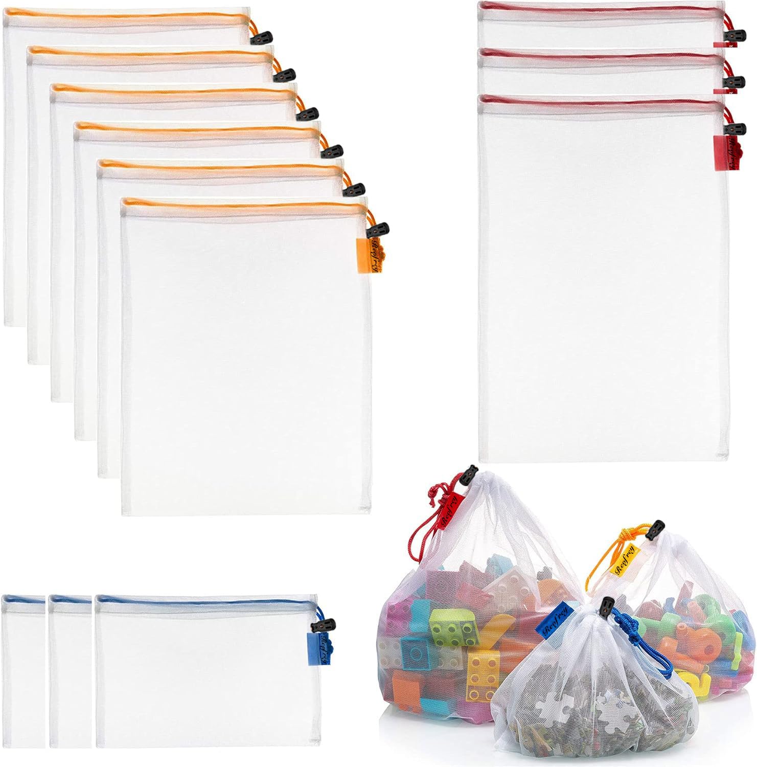 Reofrey 12 Pcs Toy Storage & Organization Mesh Bags, Washable Mesh Friendly See Through with Drawstring, for Fruit, Vegetables, Grocery, Shopping, Storage and Toys, 3 Various Sizes