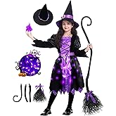 Light Up Halloween Girls Witch Costume, Toddler Witch Dress Set with Hat and Broom, Kids Costumes for Halloween Party