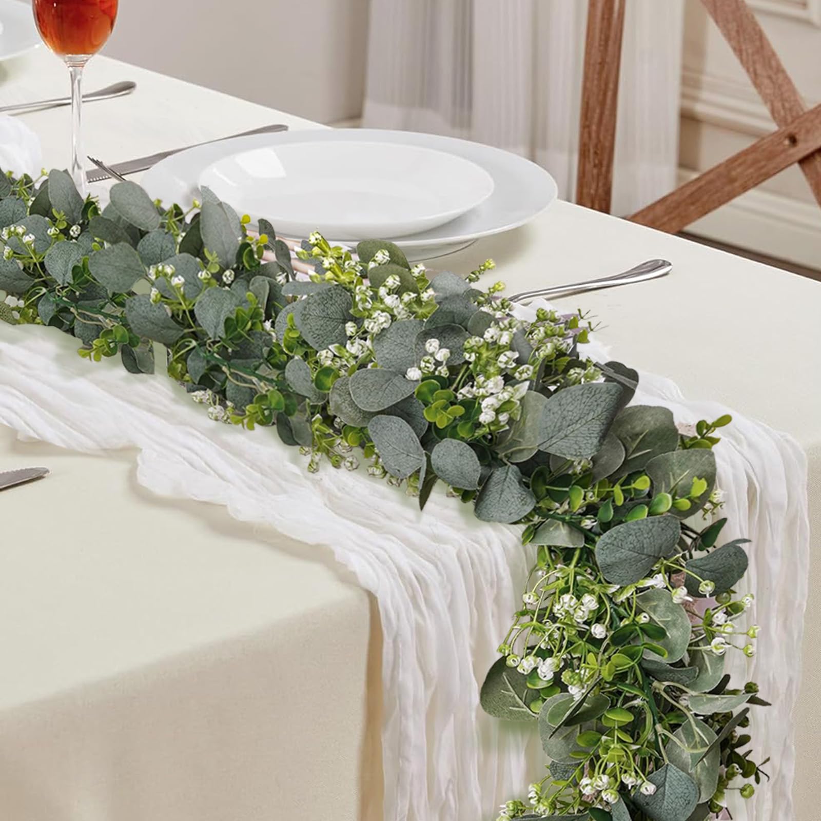 SEBOVIM 2Pcs Eucalyptus Garland 5.9FT Artificial Greenery Garland with Flowers,Faux Christmas Eucalyptus Leaves Vines for Wedding Flower Arch Garden Table Decoration