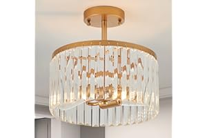 lighceac 12“ Gold Semi Flush Mount Crystal Ceiling Light Fixtures for Kitchen Modern Industrial 2-Light Small Chandeliers Lighting for Bedroom Entryway Hallway Living Dining Room Foyer