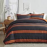 Flysheep 3 Pcs Modern Boho Halloween Comforter Set Twin Size for Kids, Bright Orange Striped on Black Dark Grey Soft Microfiber Reversible Bedding Set for All Season