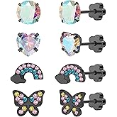 EQFE 4Pairs Hypoallergenic Earrings for Girls 14K Gold Flat Back Earrings 20G Screw Back Cartilage Earring for Sensitive Skin CZ Heart Butterfly 316L Stainless Steel Stud Earrings for Women