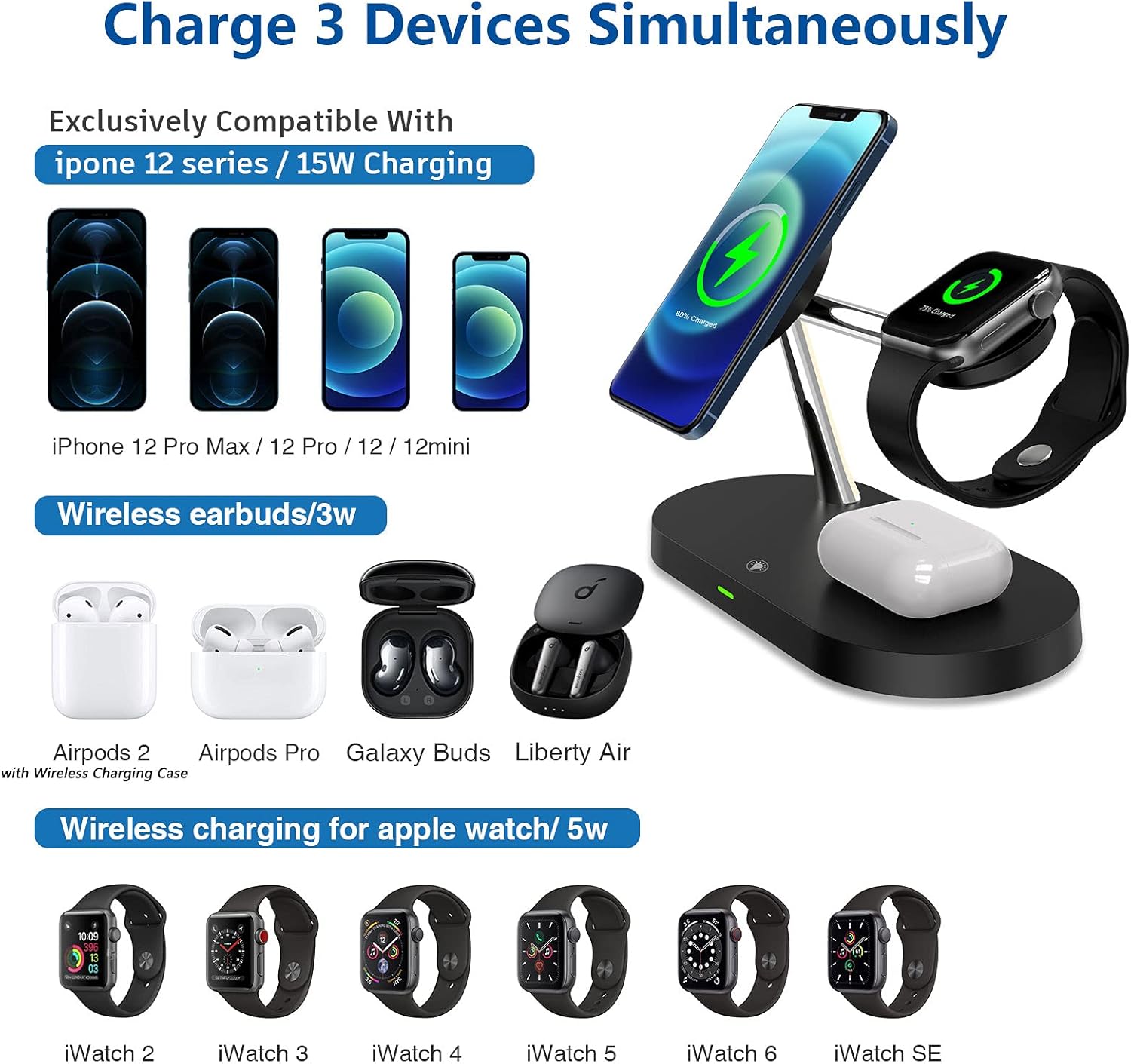 NOOOZA 3 in 1 Magnetic Wireless Charger Fast Charging Station Dock with 20 W QC3.0 Adapter Compatible with iPhone 12/12 Pro Max/Mini/AirPods Pro/AirPods 2 Magsafe Case iwatch Series, Black: Electronics