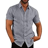 Oyamiki Mens Short Sleeve Regular-Fit Shirt Fishing Tees Linen Casual Button-Down Shirts