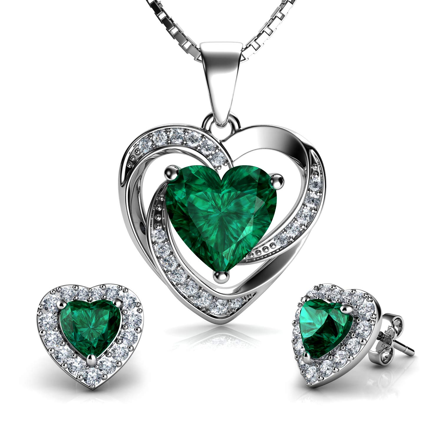 DEPHINI - Jewellery Set Heart Necklaces with stud Earrings - 925 sterling silver Double Hearts Pendant for Women - Cubic Zirconia - Rhodium Plated (Green set)