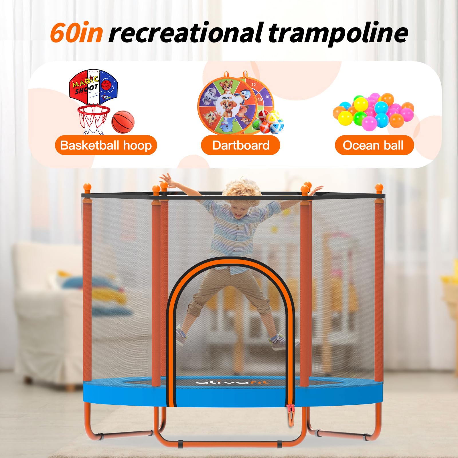 Ativafit 60'' Rebounder Trampoline Indoor Outdoor for Kids Ages 1-8, 5 FT Recreational Toddler Trampoline with Safety Enclosure Net Gifts with Basketball Hoop Dartboard Ocean Bal
