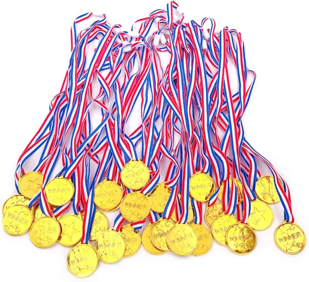 JZK 30 x Plastic gold winner medals with ribbons for kids party game prizes children birthday party bag fillers party favours toys kids sports day medals