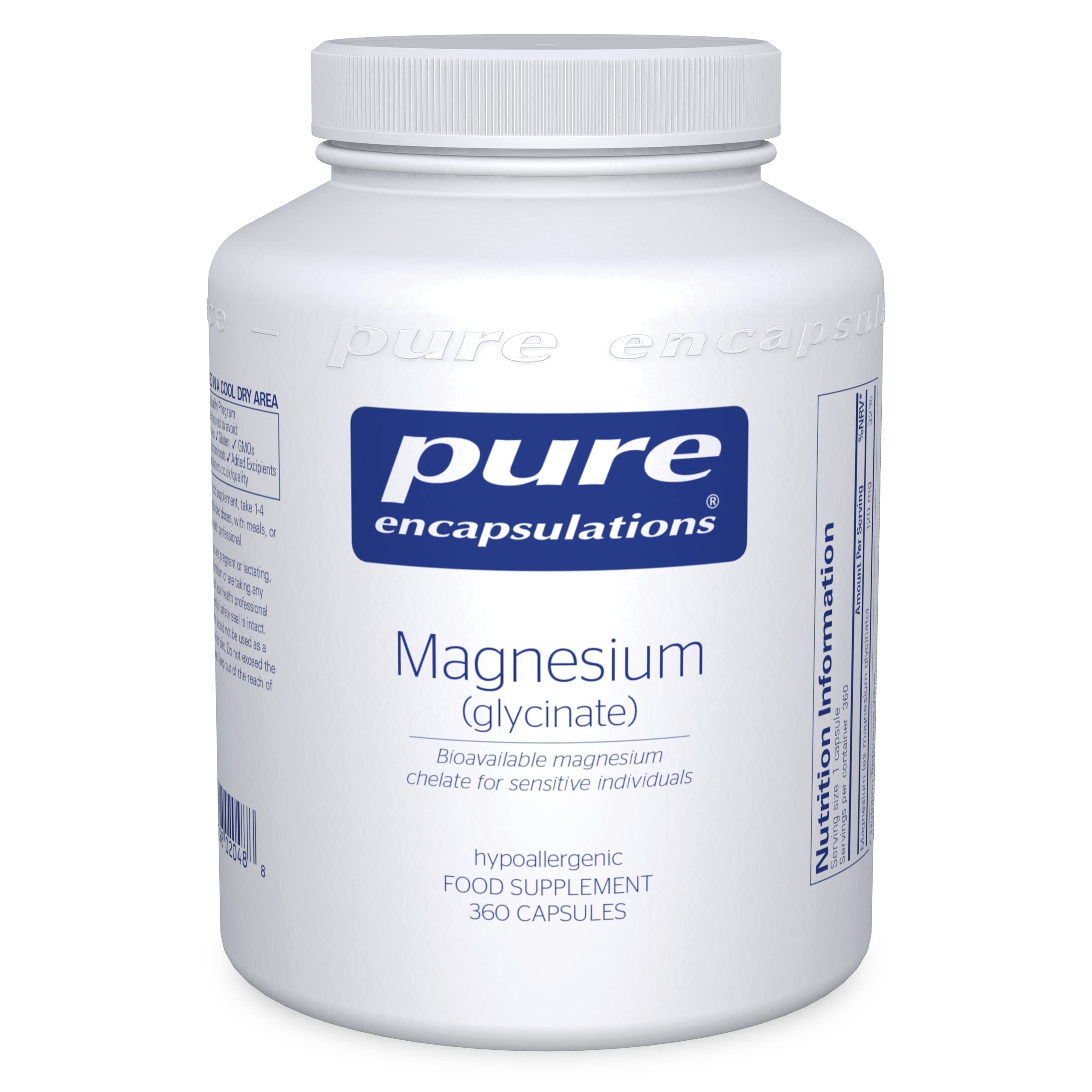 Pure Encapsulations Magnesium Glycinate 120mg - Bioavailable Magnesium Chelate Tiredness and Fatigue Supplement - 360 Capsules