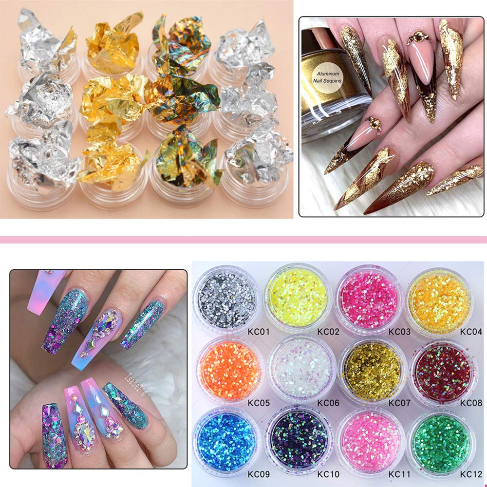 Kalolary Nail Art Tools Decoration Accessories, Nail Art Supplies with Nail Painting Dotting Brushes Pens, Nail Art Stickers, Color Rhinestones Rivet, Nail Foil Paillette Nail Glitters, Nail Striping : Beauty