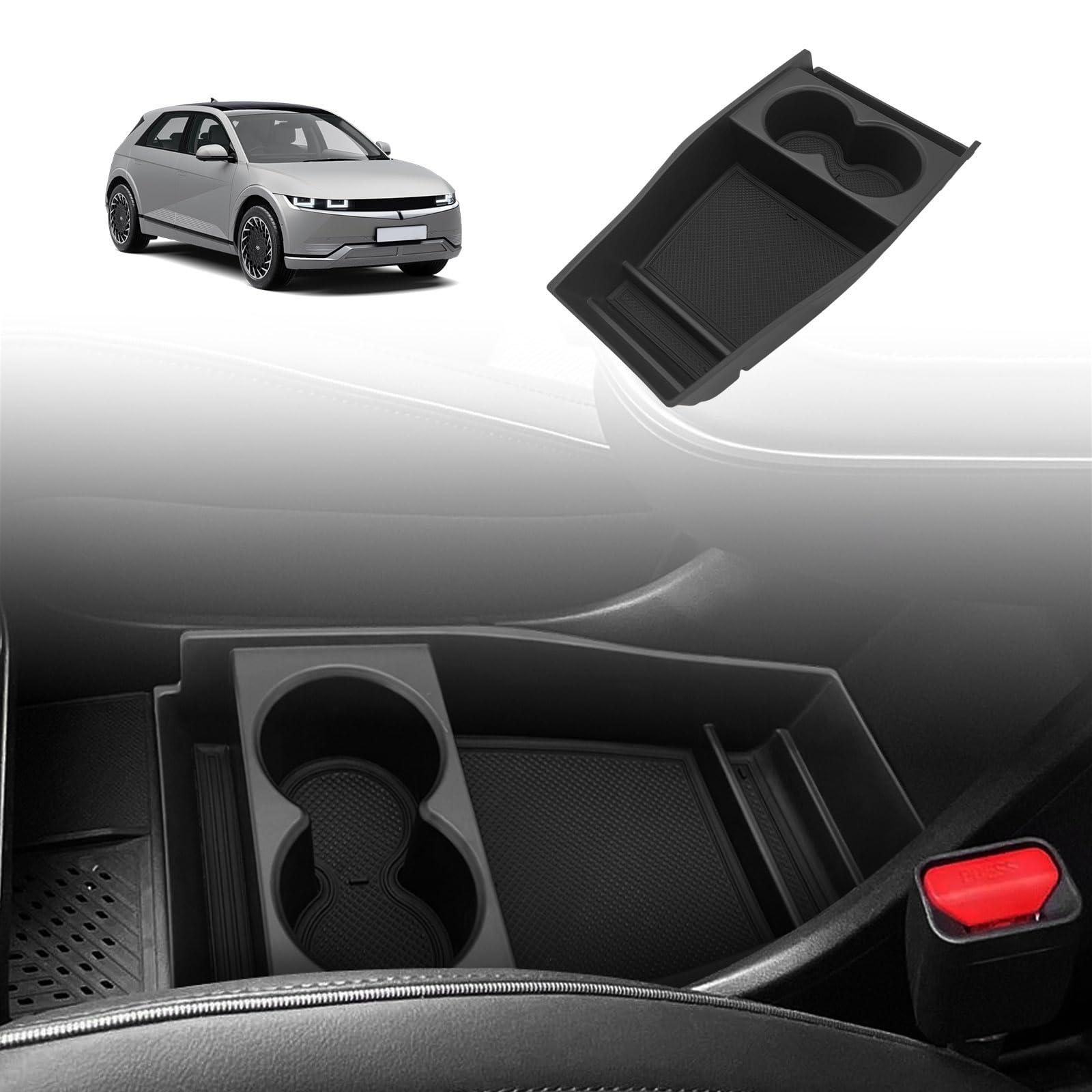 Photo 1 of BestEvMod for Ioniq5 Lower Center Console Organizer Cup Holder Tray Storage Box Accessories with Rubber Black Trim Compatible with Hyundai Ioniq 5 2022-2024 Accessories (Lower Tray-Cup Holder Style)