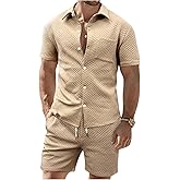 GORGLITTER Men's 2 Piece Summer Beach Outfits Waffle Knit Short Sleeve Button Down Shirt Top and Shorts Set