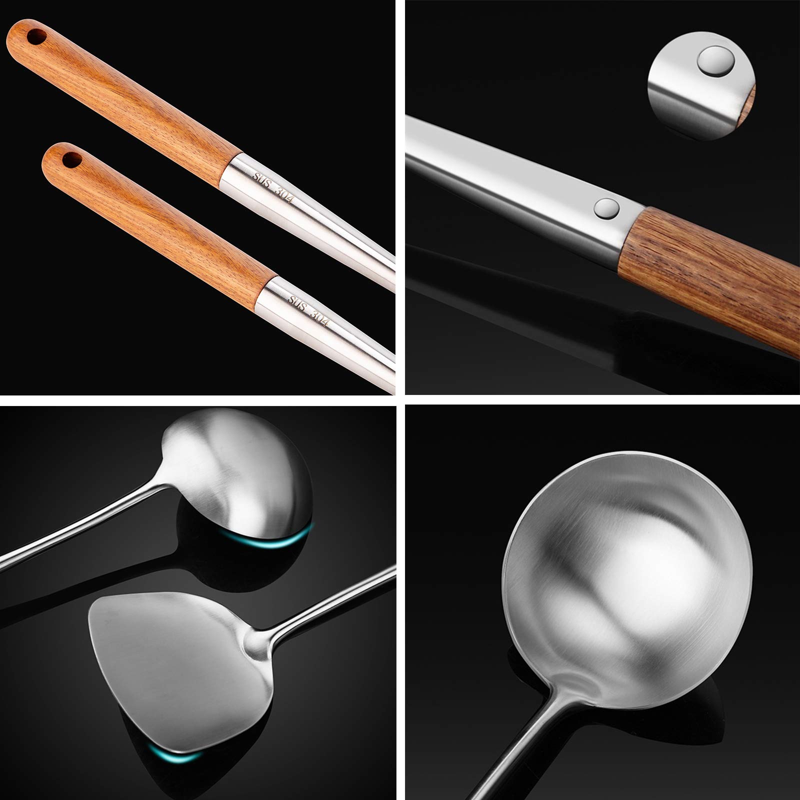 FJNATINH Wok-Pfannenwender und Schöpflöffel, Werkzeugset, 43,2 cm, Pfannenwender für Wok, 304 Edelstahl 7
