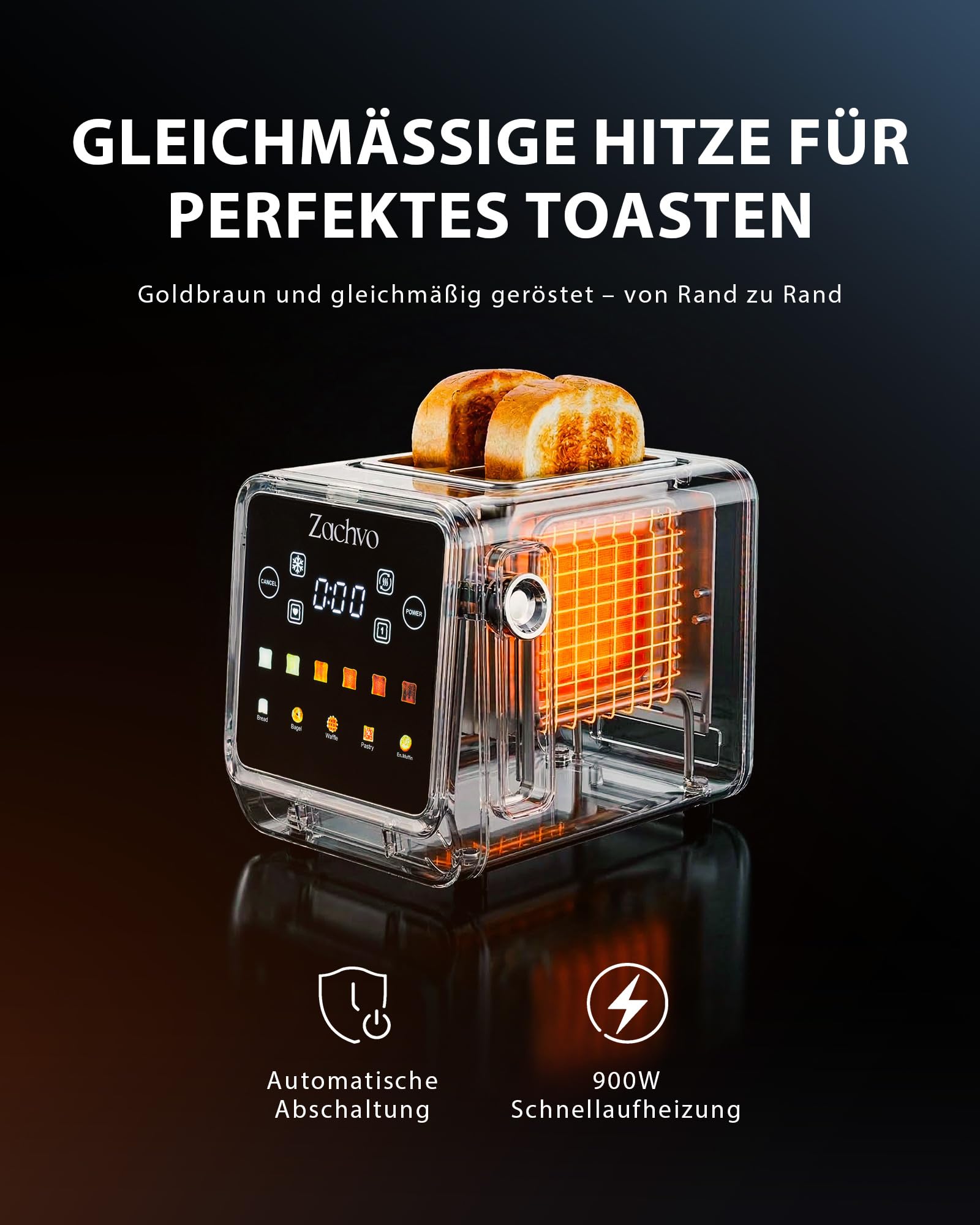 ZACHVO Toaster 2 Scheiben Edelstahl mit Smart Touchscreen & LED-Countdown, Intelligente Memory-Funktion, 3,5cm extra breite Schlitze, Einseitiges Rösten, inkl. Sandwich-Zange & Brötchenaufsatz, 850W 4