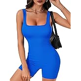 LYANER Women's Sleeveless Square Neck Romper One Piece Ribbed Knit Bodycon Yoga Jumpsuit