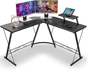 Coleshome L Shaped Desk Home Office Desk with Shelf, Gaming Computer Desk with Monitor Stand, PC Table Workstation with Shelf, Black