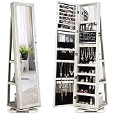 CHARMAID 360° Swivel Jewelry Armoire with Full Length Mirror, Standing Lockable Jewelry Cabinet Organizer, Large Storage Capa
