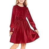 Arshiner Girls Long Sleeve Dress Velvet Crew Neck Midi Fall Vintage Plain Dress for Kids 4-13Y