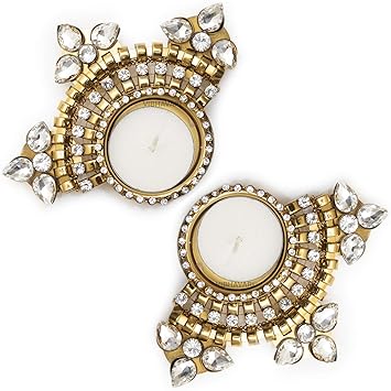 HomeSquare Metal Tealight Holder Diwali Diya with Artificial Stones - Set of 2