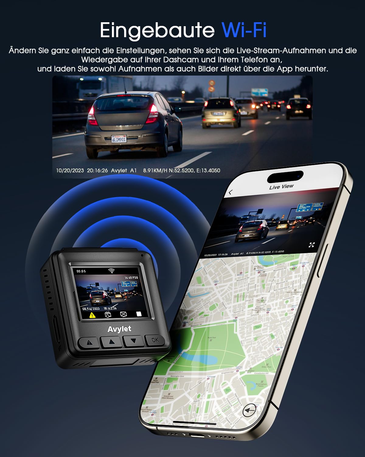 Avylet Dashcam Auto 2K, 1440P WiFi Dash Cam, Mini Vorne Autokamera Unterstützt externes GPS, 1.5" IPS-Bildschirm, APP, Super Nachtsicht, WDR, 24/7 Parküberwachung, Loop-Aufnahme, G-Sensor 3