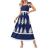 BTFBM Summer Dresses for Women 2026 Floral Smocked Boho Sleeveless Square Neck A Line Casual Beach Maxi Dress Pockets