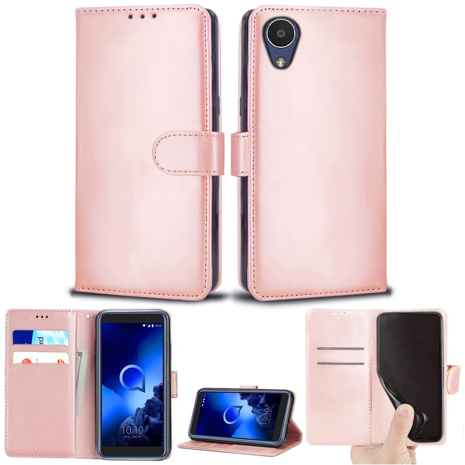 Mobile Stuff Alcatel 1 (5033X) Case, Leather Case Flip Folio Book Case Wallet Cover with Magnetic Closure & Kick Stand For Alcatel 1 (Rose Gold)