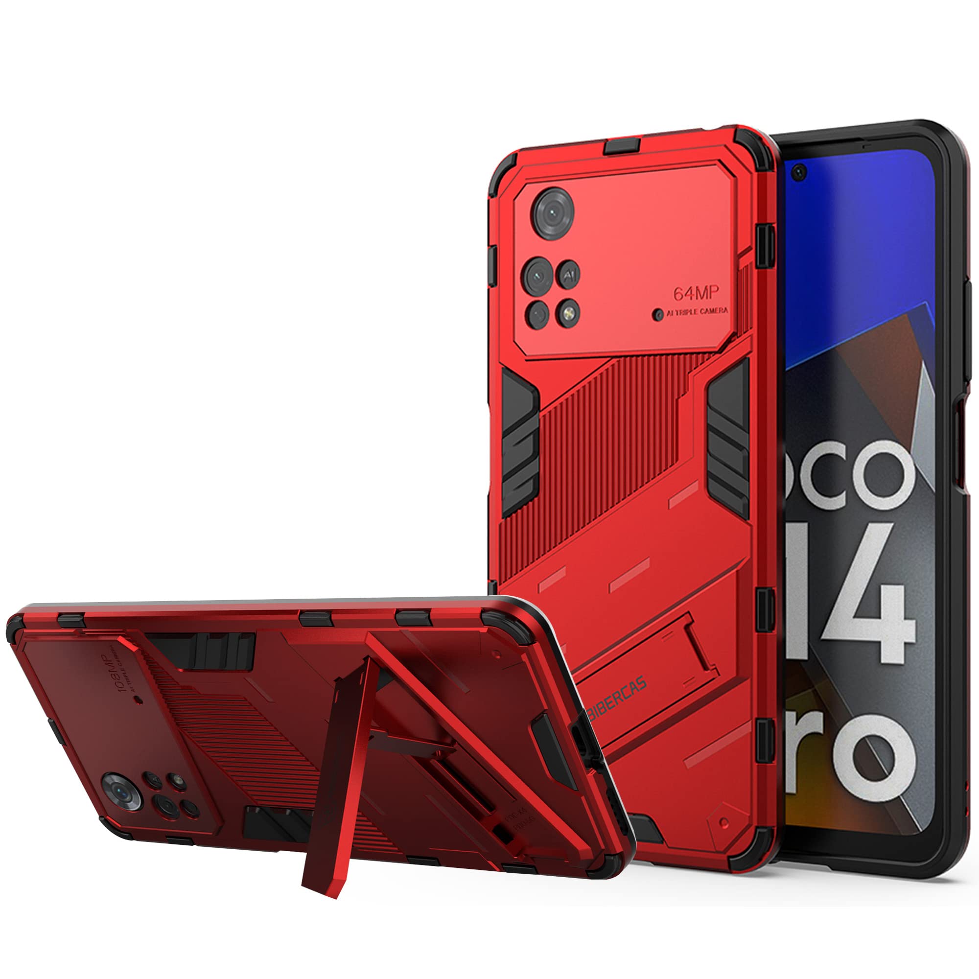 ESTH® Case for Xiaomi Poco M4 Pro 4G with Expanding Stand and Shockproof TPU Bumper, [Military Grade Anti-Fall Protection], Cover Compatible with Magnetic Car Mount, Red