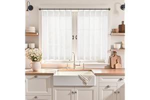 Fuhana Linen Kitchen Curtains,20 Inch Length Light Filtering Sheer Short Cafe Window Curtains Tier,Pinch Pleated Small Kitchen Drapes for Windows,2 Panels,(24" W x 20" L White)