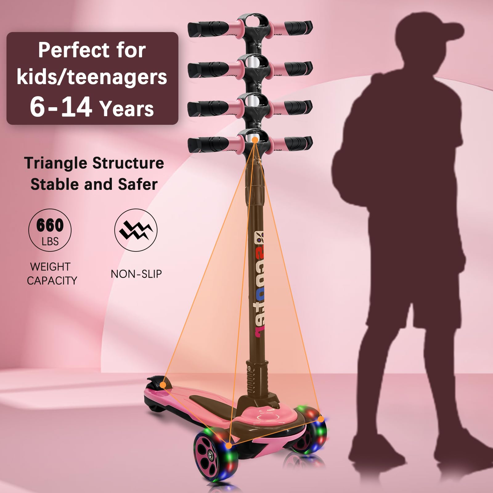 3 Wheels Kick Scooter for Kids Teens Ages 6-18 Years Extral Wide Deck 4 Adjustable Height and Foldable Handlebar LED Flashing Glider Push Scooter for Boys Girls
