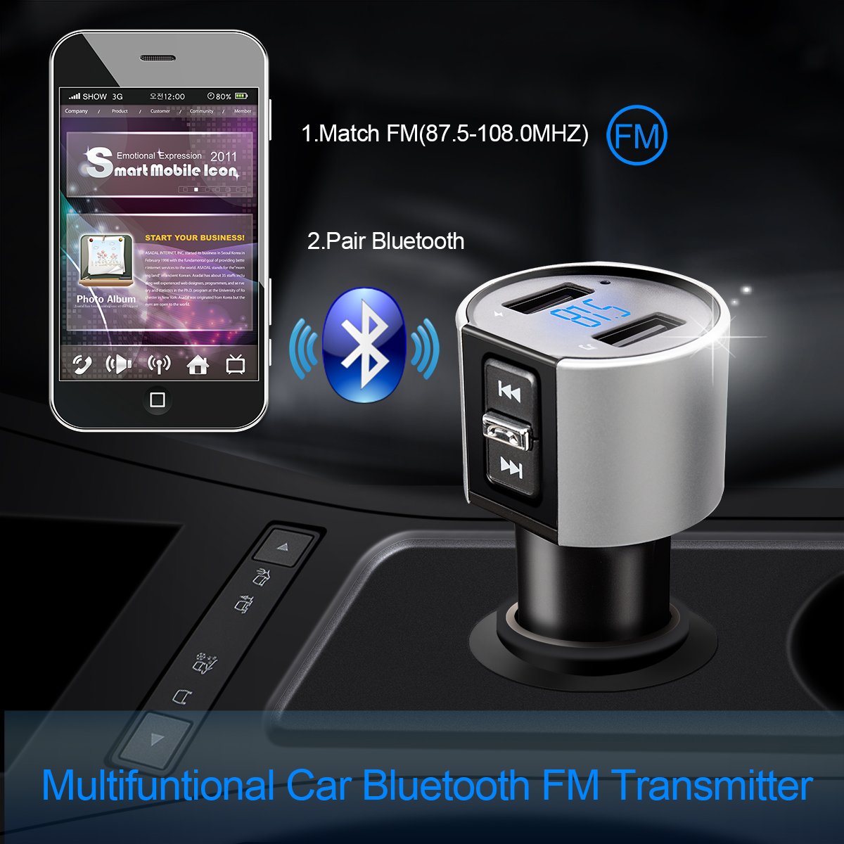 FM transmitter,bluetooth Handsfree Car Kit,Wireless Radio Audio Adapter,Car MP3 Player with Dual USB Port Car Charger