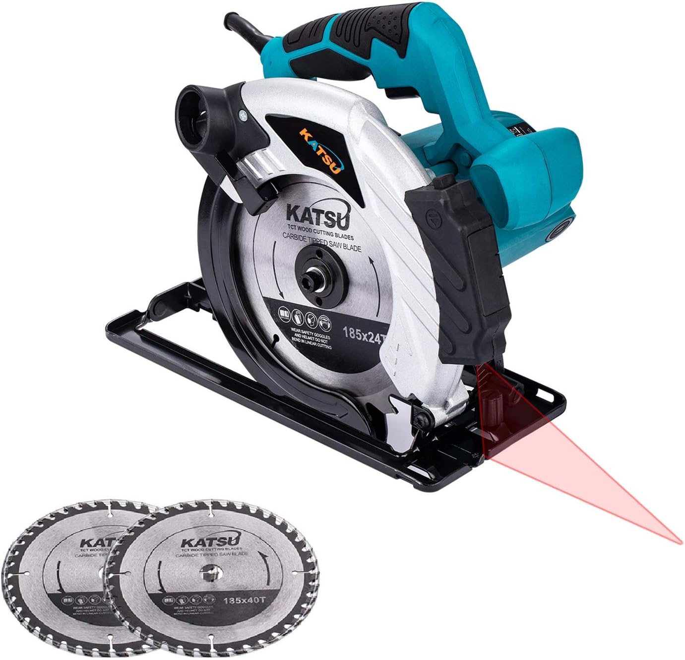 KATSU Circular Saw 185mm 7 Inch 1600W Electric Saw with Laser Guide and 2 Blades 24T/40T