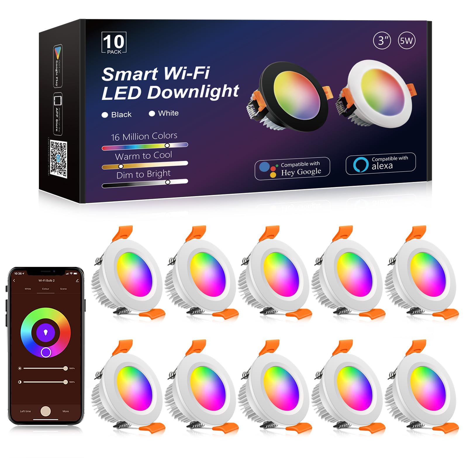 Photo 1 of YGS-Tech Smart 3 Inch Recessed Lighting, WiFi LED Downlight 5W 120V, Compatible with Alexa and Google Home, Dimmable RGB & CCT 2700-6500K, Black Trim, LED Ceiling Light with Driver (10 Pack)