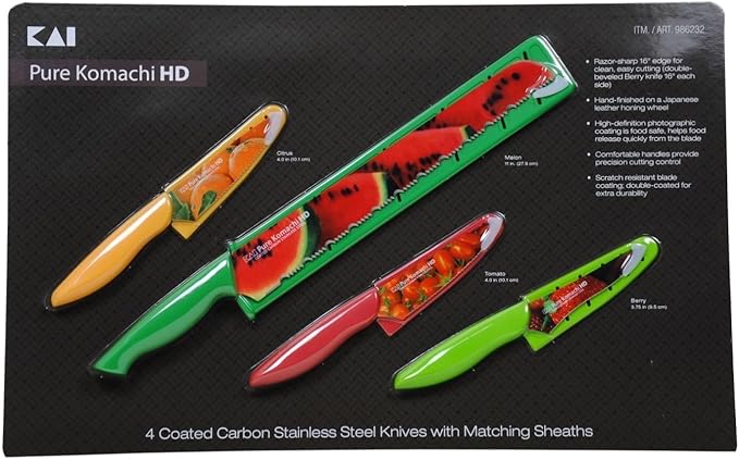 Amazon Com Pure Komachi Hd 4 Coated Carbon Stainless Steel Knives With Matching Sheaths Melon Citrus Tomato And Berry Kitchen Dining