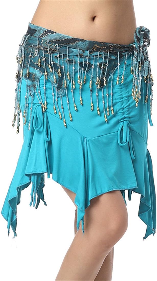 Women's Belly Dance Hip Scarf Indian Dancing Belt Triangle Waist Chain Skirt Wrap with Tassels Beads (Lake Blue)