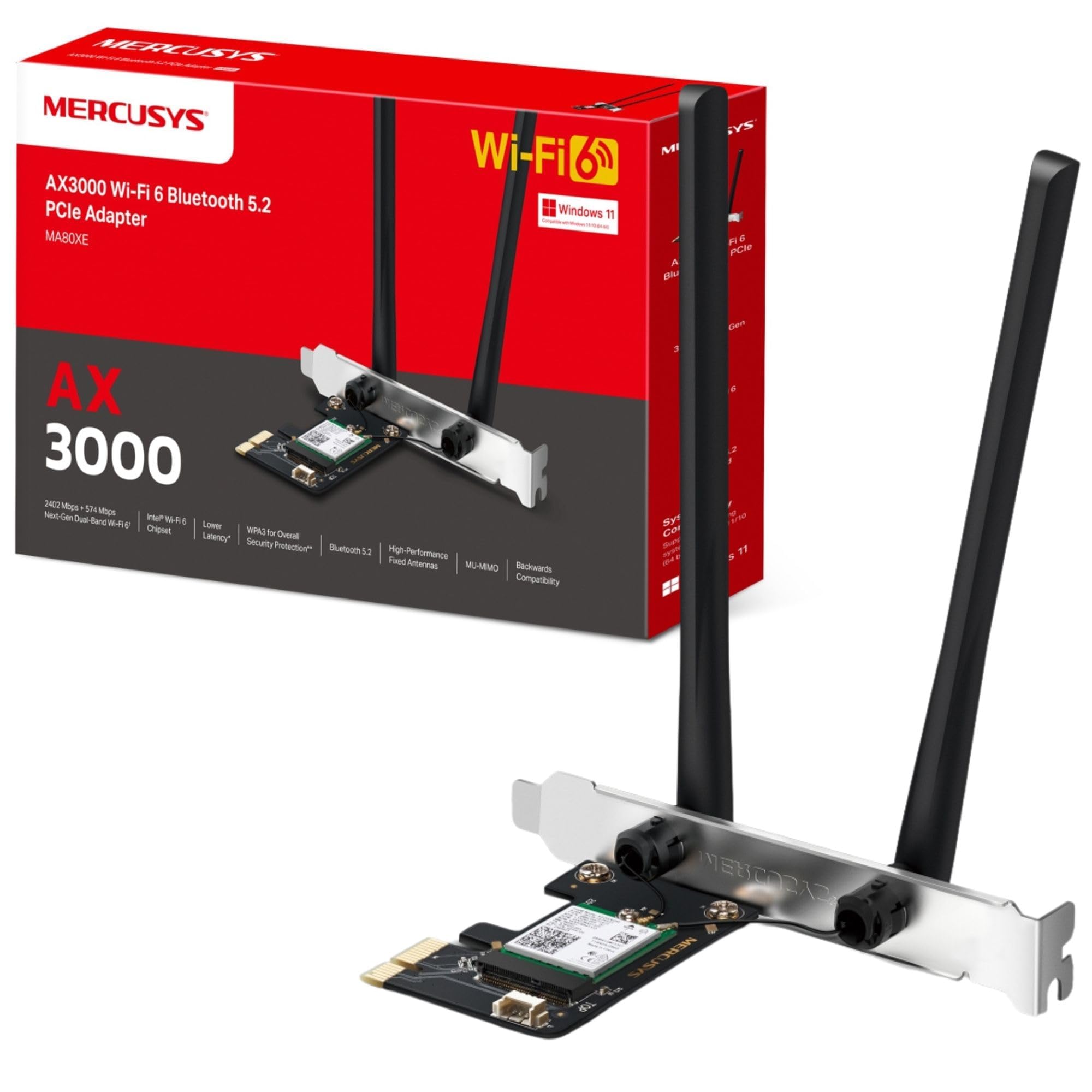 MERCUSYS MA80XE AX3000Mbps Dual-Band 5.2 PCIe WiFi Adapter for PC, WiFi 6 Bluetooth Adapter with Two Antennas, OFDMA, MU-MIMO,Low Latency, ideal for Game and 4K,Latest WPA3,Windows 10-11