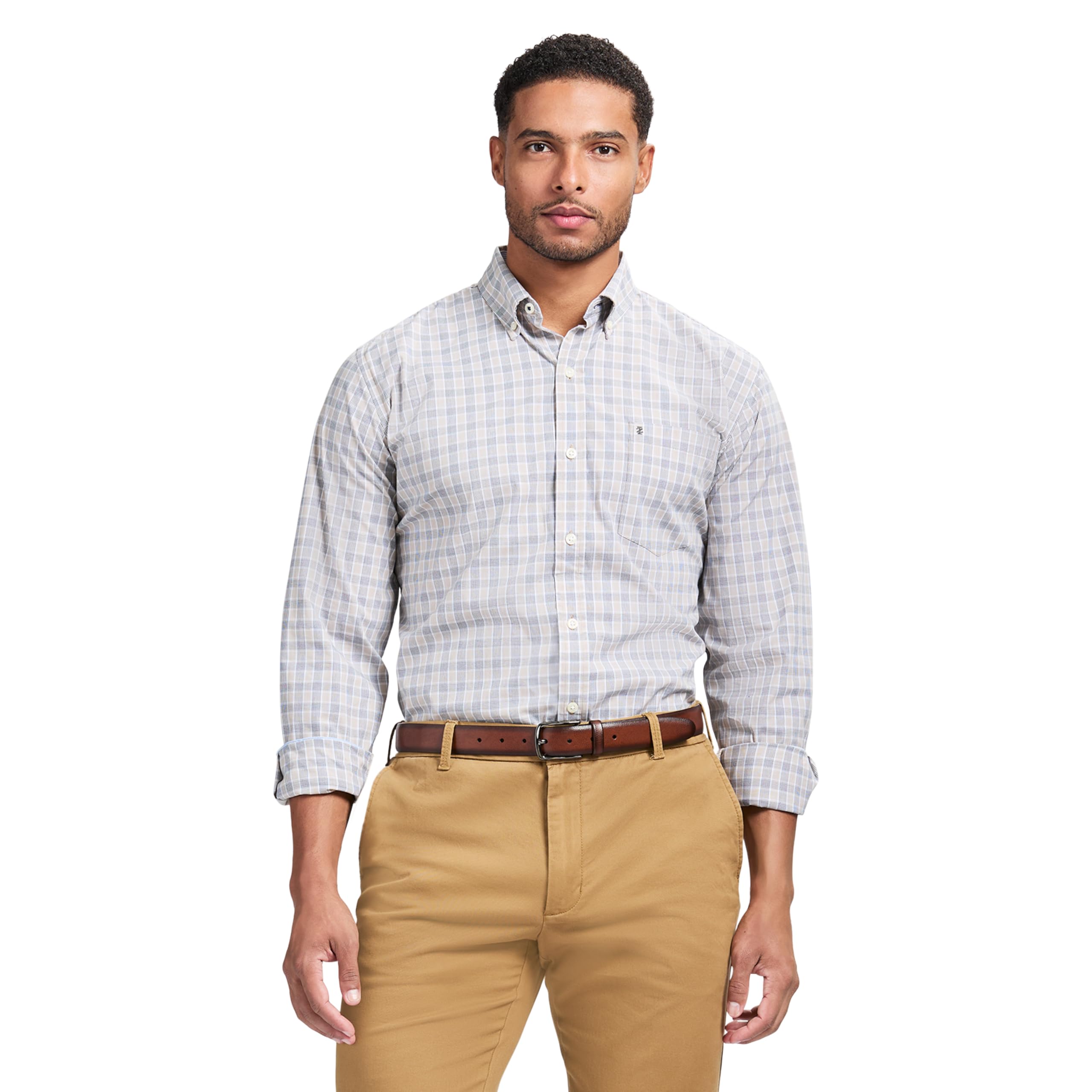 IZOD Men’s Performance Comfort Long Sleeve Shirt, Cedarwood Khaki