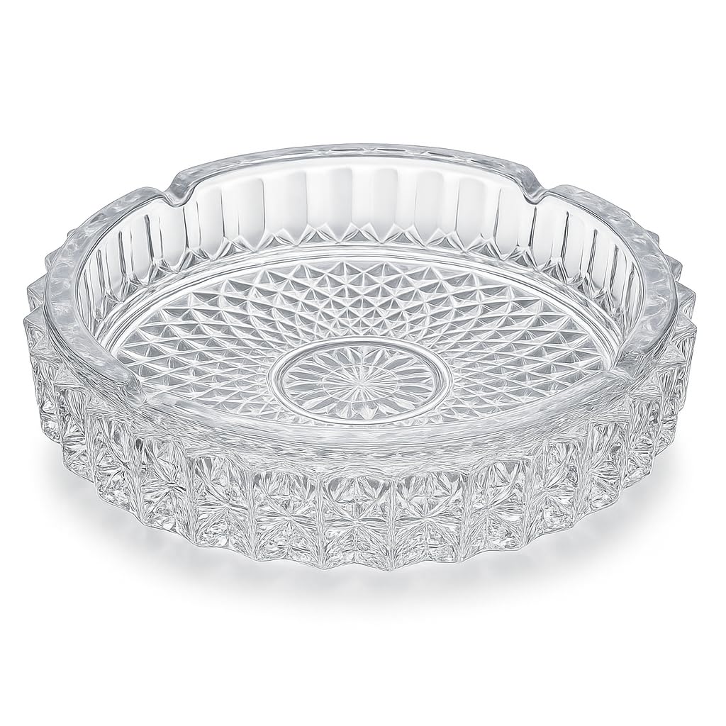 Heavy Duty Clear Glass Ashtray Round 20cm – Vintage Diamond Cut Patterned Crystal-Look Ash Tray for Cigarettes & Cigars – Thick Glass Smoking Dish for Home, Patio, Pub, or Bar (JR1200)