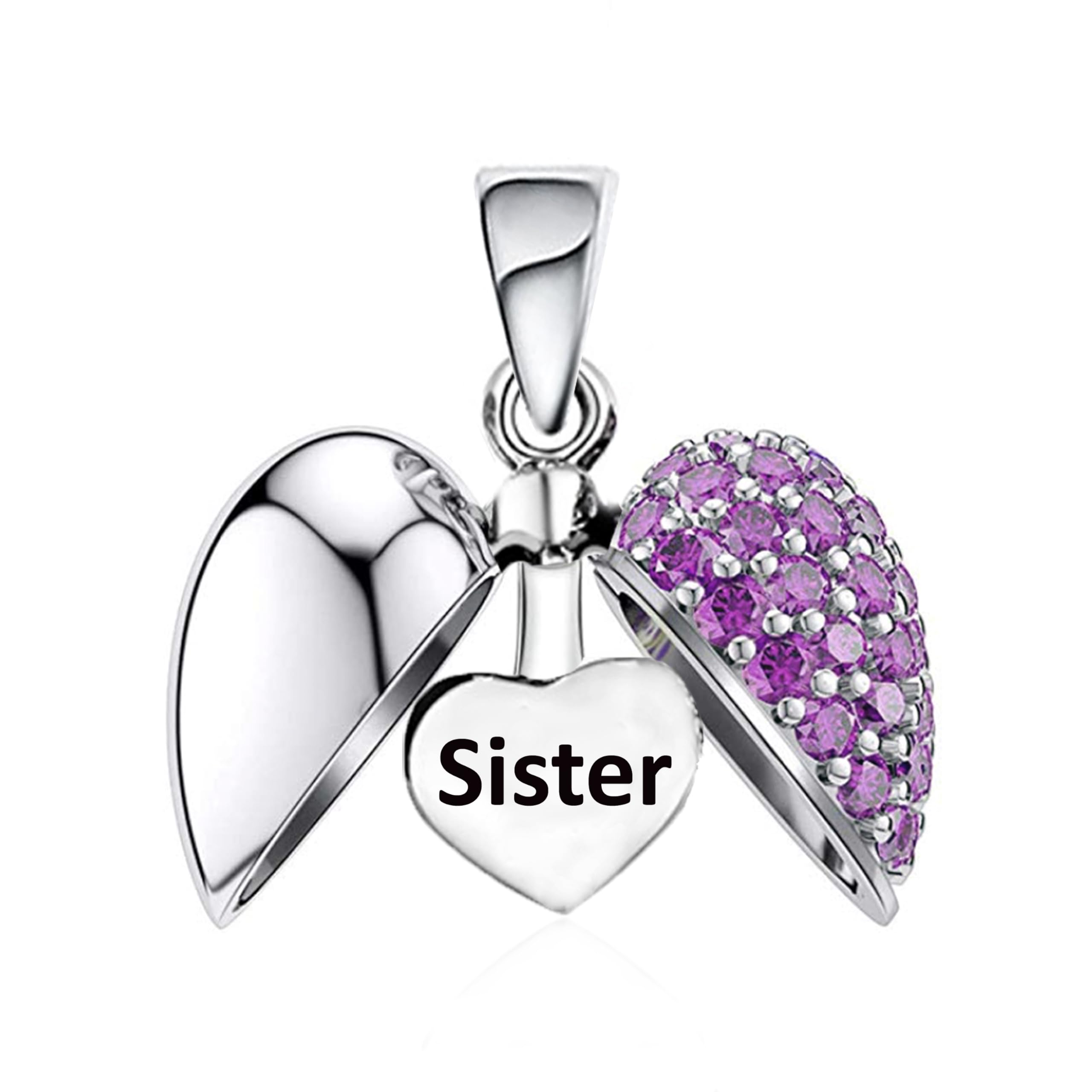 Sister Love Heart Charm for Pandora Moments Bracelets or Necklace 925 Sterling Silver Purple Crystal Bead - Gift Box