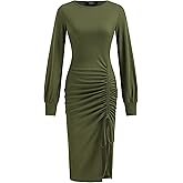 CIDER Bodycon Dress for Women Ruched Long Sleeve Boat Neck Drawstring Midi Semi Formal Dresses Fall Trendy