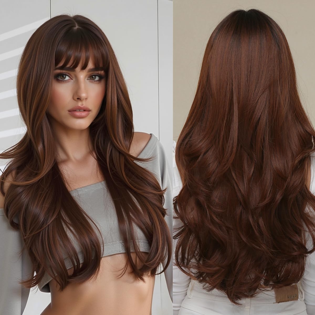 Allbell Ombre Brown Wine Red Wig with Fringe Long Curly Wig for Women Heat Resistant Synthetic Wigs with Bangs Natural Looking Long Wavy Brown wig for Cosplay Party Daily Use 26 Inch