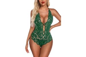 Aranmei Sexy Lingerie for Women Lace Teddy Bodysuit Deep V Cut Out Matching Panty Underwear