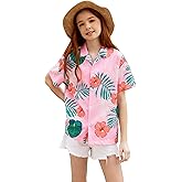 Betusline Girls' and Womens' Hawaiian Shirt, Floral Tropical Blouse Short Sleeve Button Down Beach Shirts
