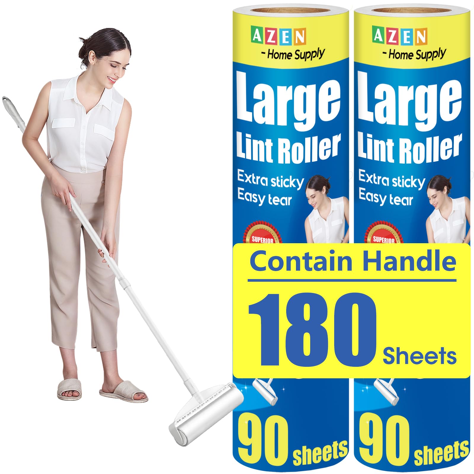 Photo 1 of AZEN Large Lint Rollers for Pet Hair, Extra Sticky, 9.45 in Rollers for Floor, Carpet, 180 Sheets Giant Refills with 3 Extendable Long Handle Sticky Mop for Carpet, Floor, Couch