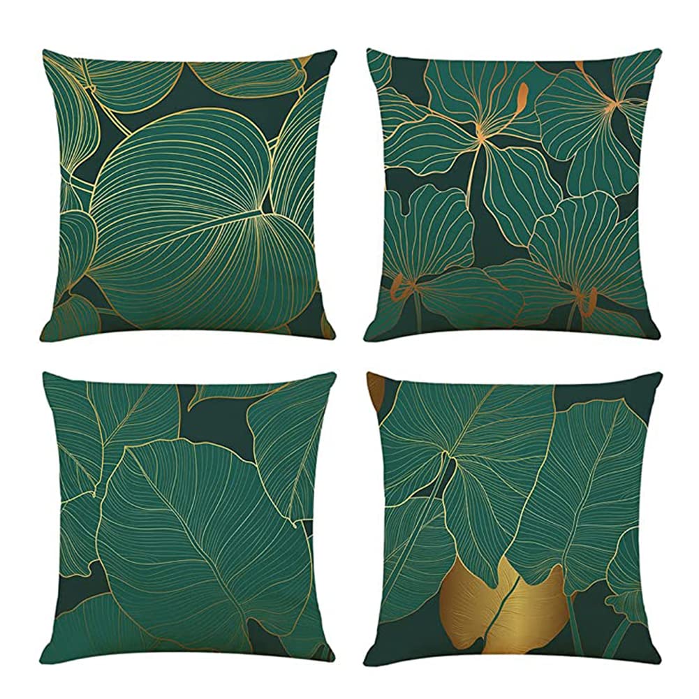 Geliking Sofa Cushion Covers 45x45cm Linen Forest Green Throw Pillow Covers Dark Green and Gold Leaf Replacement for Home Decor 45x45cm Set of 4