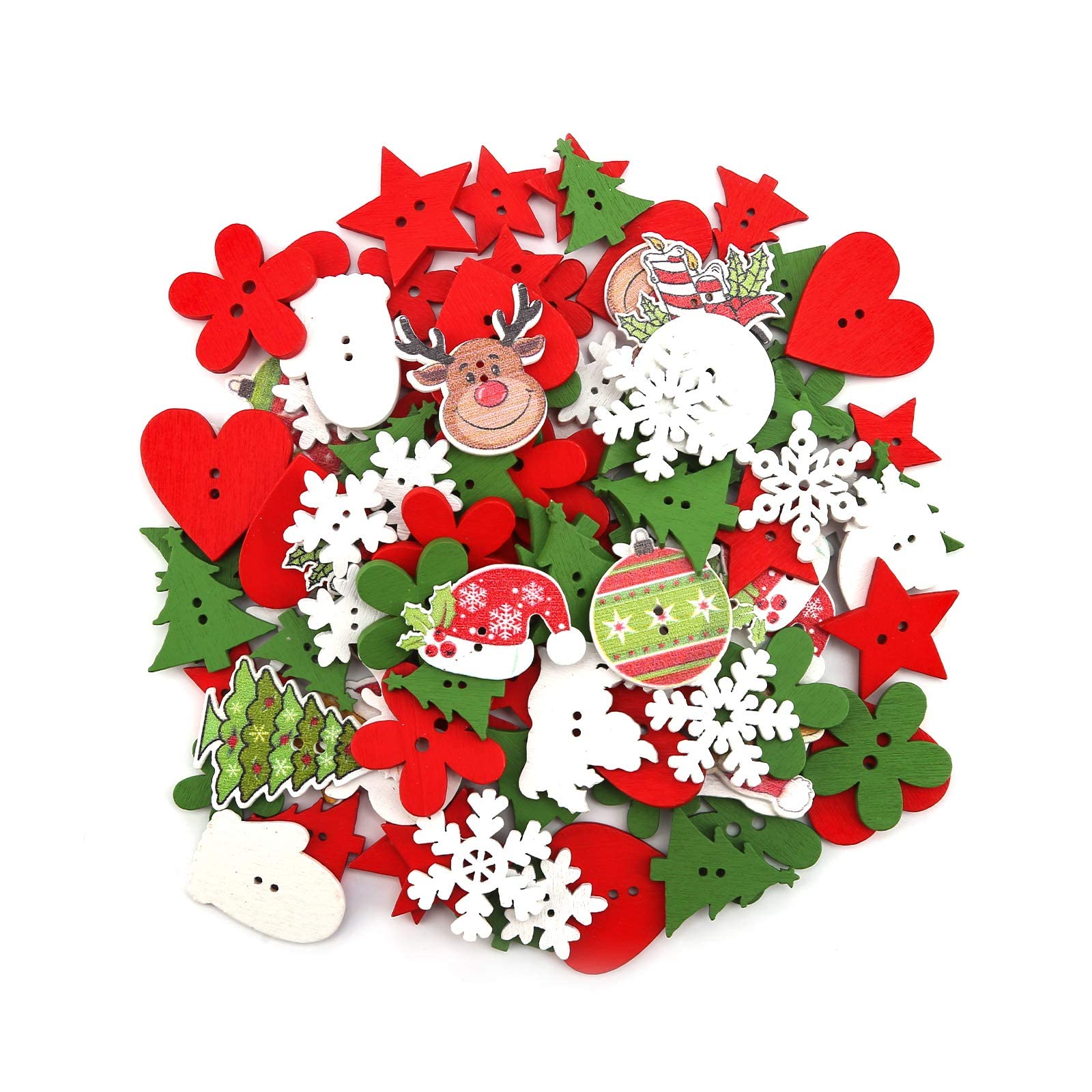 SAVITA 100Pcs Christmas Wooden Buttons, Xmas Sewing Buttons Flatback Buttons with 2 Holes for DIY Art Crafts Project, Christmas Decoration, Mixed Sizes and Styles