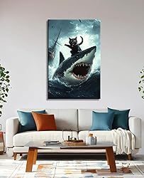 Black Cat Wall Art Cat Riding Shark Poster Funny
