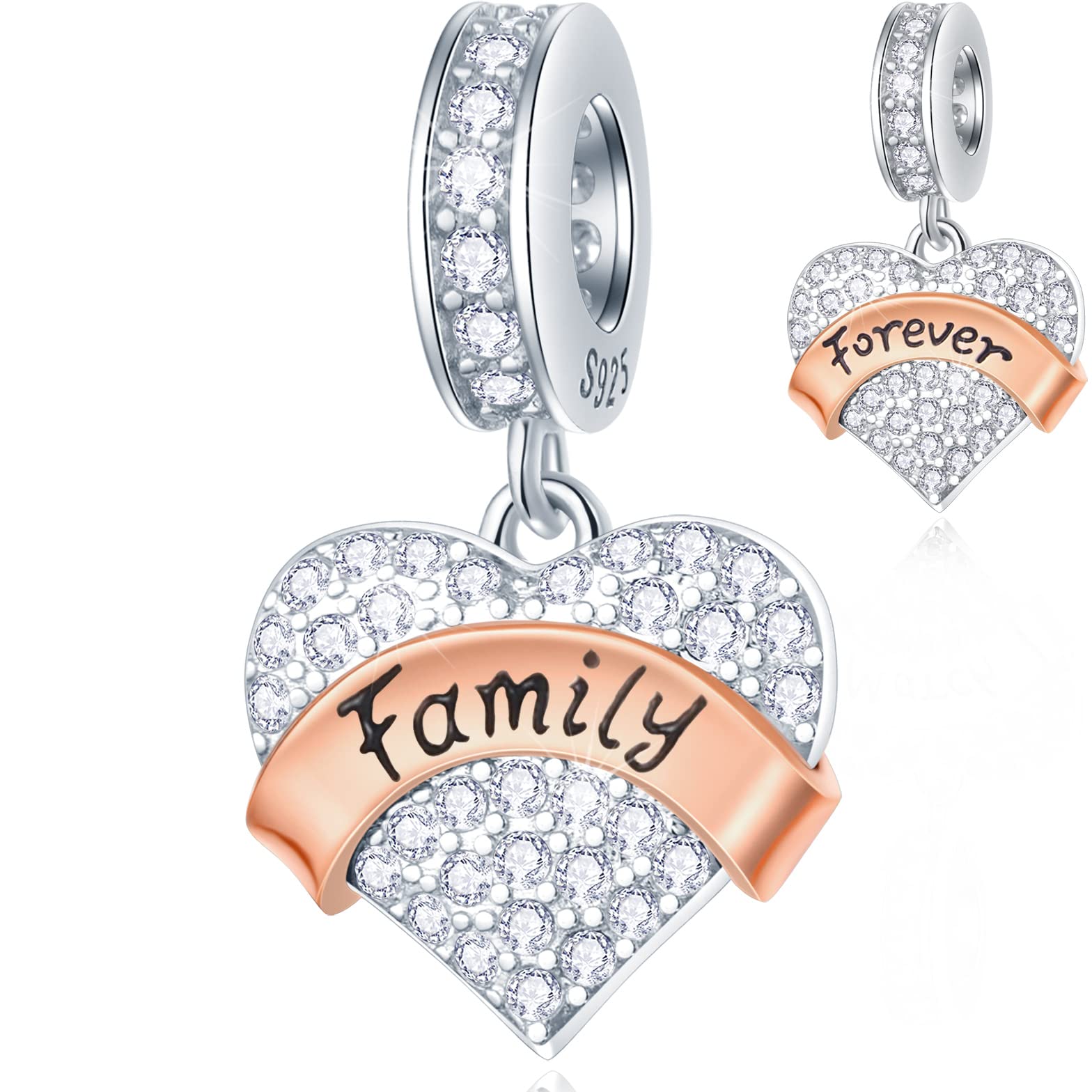 Family Forever Heart Pendant Charms in 925 Sterling Silver, Fits Pandora Mothers Day Necklace Bracelet, Sparkling CZ Dangle Beads with Rose Gold Ribbon, Gift for Dad/Daughter/Mum
