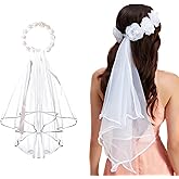 QUUPY Bridal Veil Headband Flower Wreath with Lace Veil Foam Flowers 45cm White Boho Floral Crown Hair Accessories for Wedding Engagement Photo Shoot